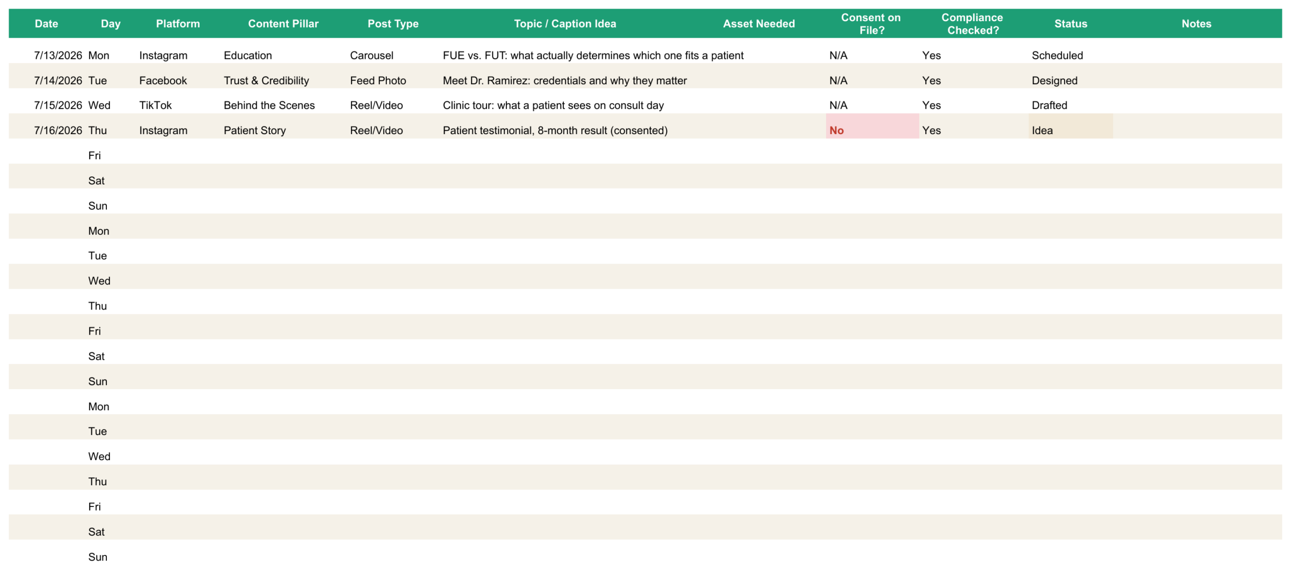 3-Week Calendar tab filled in with sample posts, showing a red compliance flag