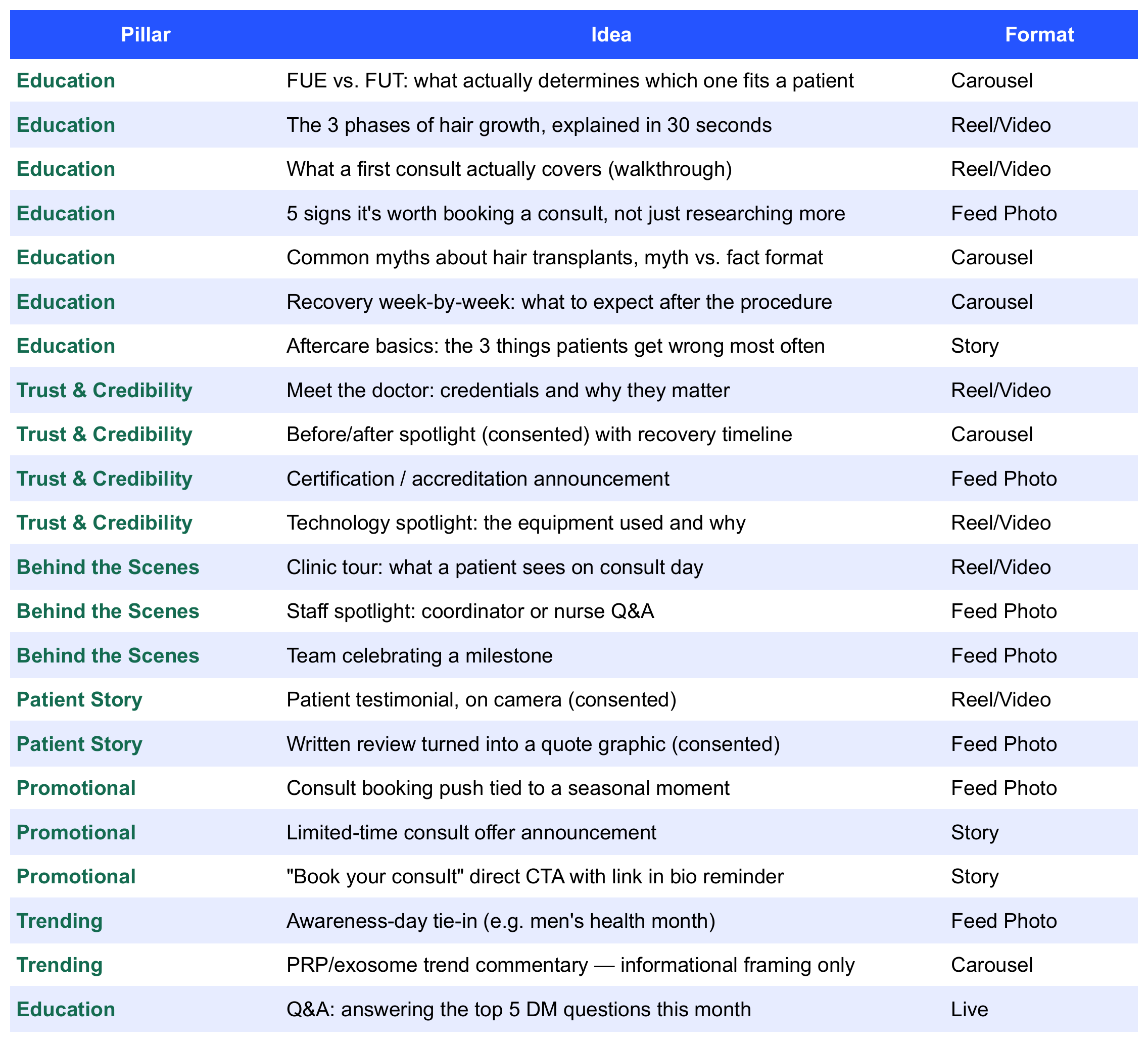 Content Idea Bank tab listing 20 post ideas sorted by pillar