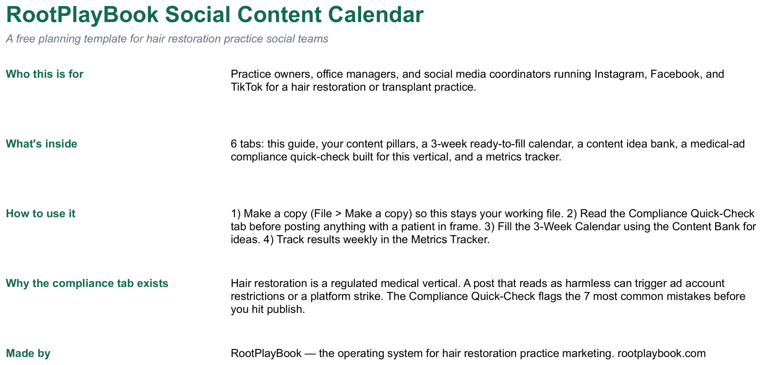 Start Here tab of the RootPlayBook content calendar template